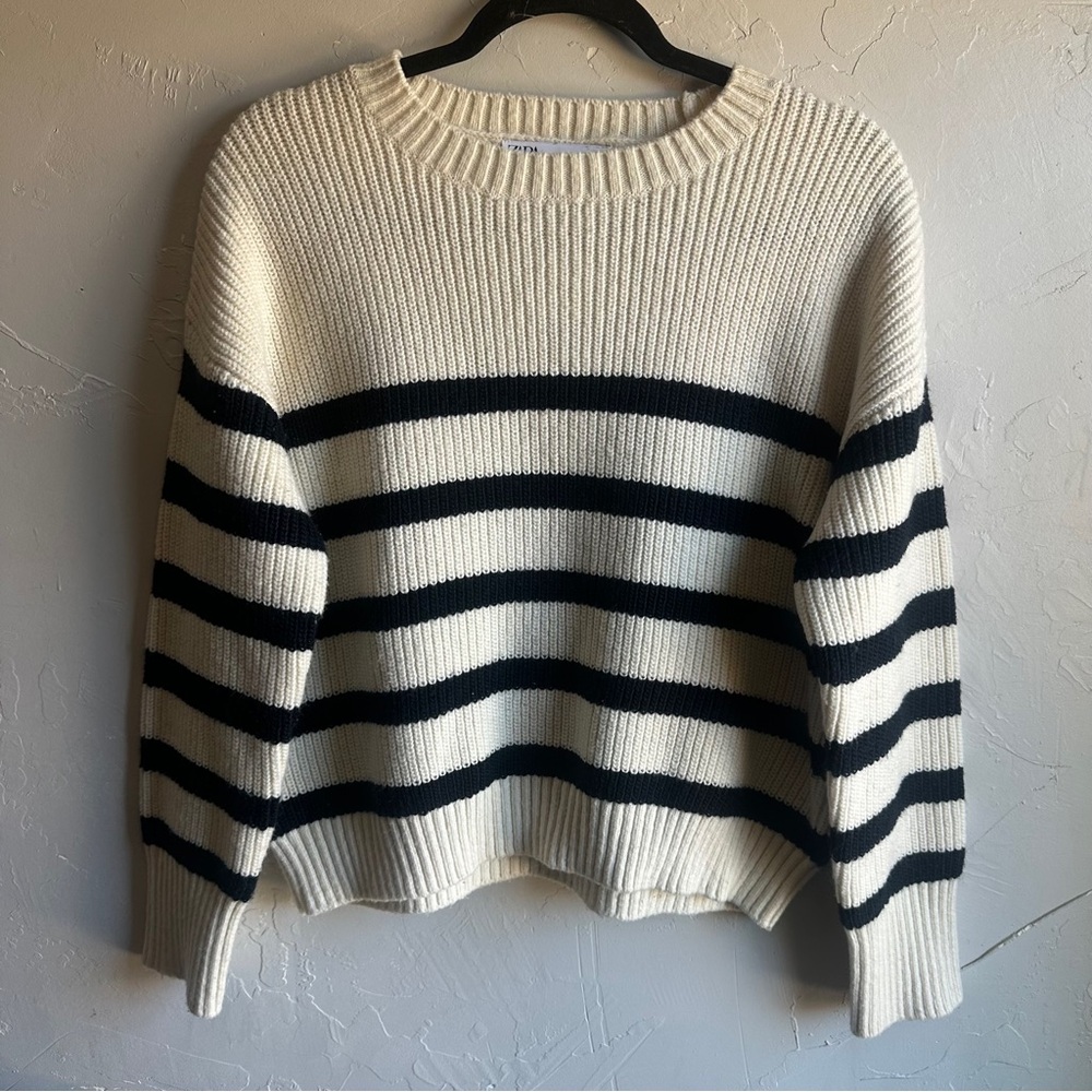 Zara Striped Cropped Sweater Preppy Coastal Grandma Y2K Minimalist Knit Top Sz S